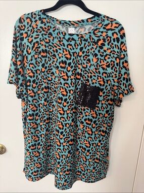 Turquoise & Orange Leopard Print Tee with Sequin Pocket - Sunshine & Rodeos plus